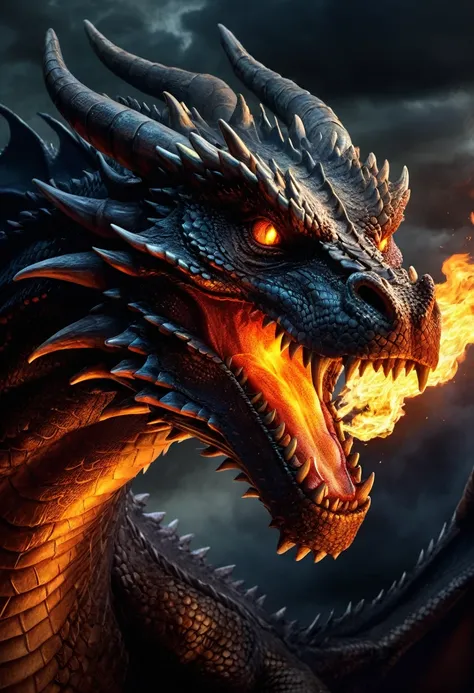 (best quality, highres, ultra-detailed:1.2), (realistic:1.37), horror, dragon, flying, ominous sky, breathing fire, detailed face, scaly skin, sharp claws, intense gaze, dark atmosphere, fiery breath, monstrous creature, threatening presence, vivid colors,...