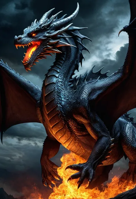 (best quality, highres, ultra-detailed:1.2), (realistic:1.37), horror, dragon, flying, ominous sky, breathing fire, detailed face, scaly skin, sharp claws, intense gaze, dark atmosphere, fiery breath, monstrous creature, threatening presence, vivid colors,...