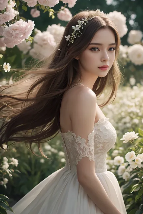 a beautiful princess in a dreamy garden, thoughtful expression, long flowing hair, elegant dress, white flowers, soft lighting, ...