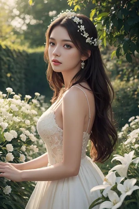 a beautiful princess in a dreamy garden, thoughtful expression, long flowing hair, elegant dress, white flowers, soft lighting, romantic atmosphere, intricate details, realistic portrait, award-winning digital art, vibrant colors, cinematic composition, ph...