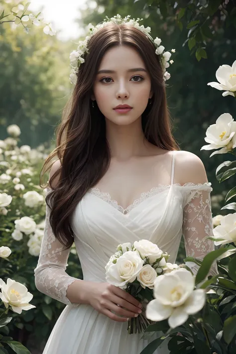 a beautiful princess in a dreamy garden, thoughtful expression, long flowing hair, elegant dress, white flowers, soft lighting, ...