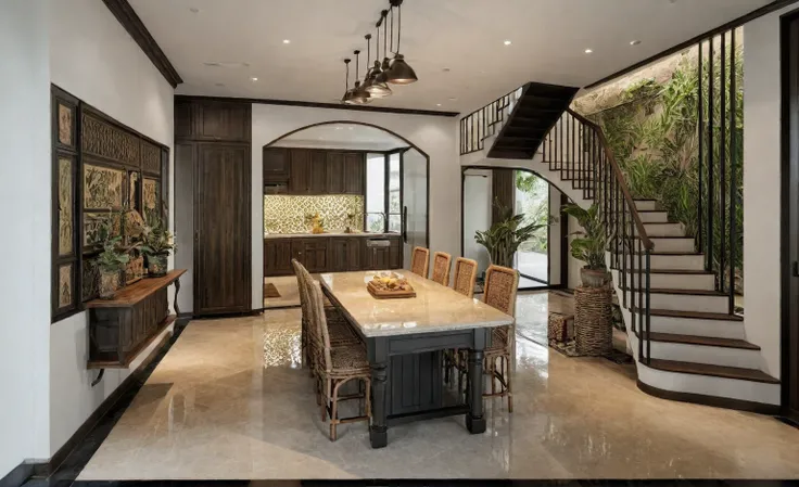 Indochine, warm, rustic, close to nature, Warm colors like earthy brown, light yellow, sage green, Use of natural materials like wood, stone, rattan, Patterned tiles, woven baskets, greenery, pottery, artwork, Create a sense of openness and connection with...