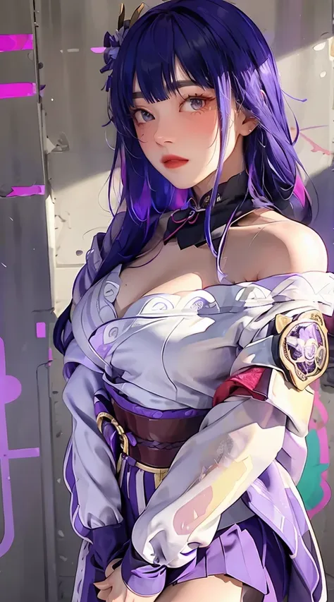 (masterpiece, best quality, 1girl, solo, intricate details, chromatic aberration), realistic, ((medium breath)),long hair, purple hair, purple head ornament, purple highlights, hair over one eye, green eyes, sharp eyes, choker, neon shirt, torn legwear, op...