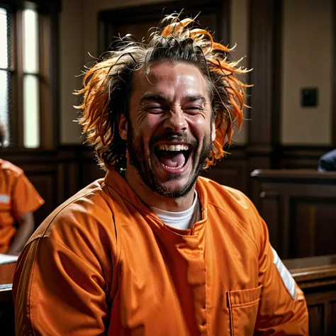 a man wearing an orange prisoner suit, laughing maniacally, in a courtroom setting, highly detailed, realistic, 4k, portrait, masterpiece, cinematic lighting, dramatic shadows, photorealistic, extreme detailed facial features, sinister expression, tousled ...