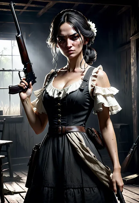 Personagem de Hunt Showdown, Lulu, realisitic, with a shotgun in his hands pointing at the spectator, with your hair down, and your low-cut dress. be faithful to the character&#39;s face