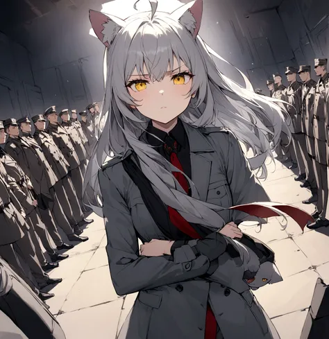 A rally with military flags in the background、Serious face、A large number of subordinates can be seen in the distance、Surrounded by operatives、Give a command、Secret Police Meeting Room、Gray cat ears、Gray cat earasterpiece, best quality:1.2), 1girl, 独奏、Grey...