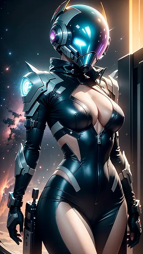 alien woman, in a space suit, lots of cleavage, (floating in space), ((floating next to space ship)), (viewport of a nebula), fa...