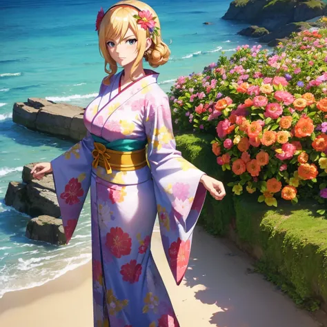 your influencer character(milf with blond hair) dressed in a kimono with flower in her hair. smiling standing infront of a big o...