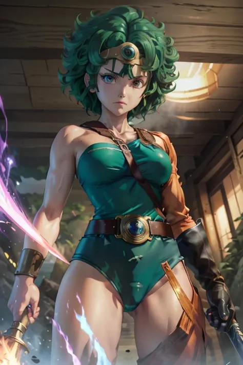 Anime Artwork Anime Artwork Masterpiece,Highest quality, Unreal Engine, Ultra-high resolution, Very detailed丸い胸, 1 person with medium chest,  Waist, thin,(Muscular:0.9)
 heroine, 
Circlet, Curly Hair, Green Hair, short hair, Asymmetrical clothing, leotard,...