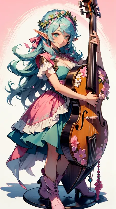 beautiful shy adult women elf, long pink hair and blue streaks hair, green eyes, with flower crown, smile, flirty bard, playing a lyre, full body, boots, blue and pink armor dress, medium bust, 