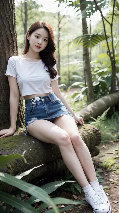 masterpiece, 最OK品質, Surreal, Ultra Detailed, 8k resolution, RAW photos, Clear focus, (A girl in the forest), Girl in white OK and tight denim skirt posing for photo, whole body, Wear with a cropped T-shirt, OK, slim, Bust 32, slim的女孩模特, whole body姿势, Solit...