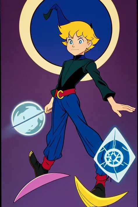 a cartoon character dressed in a leotard, young wizard, a young male wizard, time wizard, granny weatherwax, 1980s cartoon, animated episode still, norman rockwel, witch academia, portrait of a young wizard, presto, (((mad))), gadget hackwrench