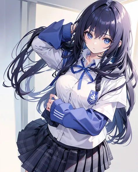 a high school girl is looking into the classroom. hair falls loosely over the shoulders. beautiful eyes and face. jk's attire. t...