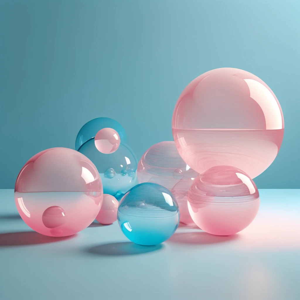 Silhouettes of multiple spheres floating in the air、Soft body line、Faint Lines、High contrast、Rendered in a glowing light blue and pink duotone style、Expressing beauty to the fullest、Gives off a delicate glow、Inorganic、Softness、Lightness