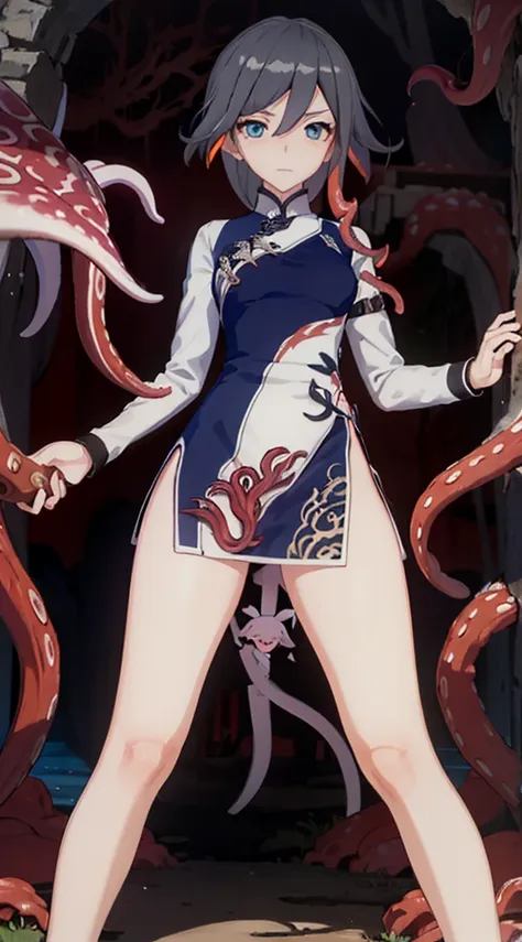 having tentacle sex, (many alien tentacles:1.2), torn, china dress, too many, constraints, (multiple inserts:1.2), short hair, b...