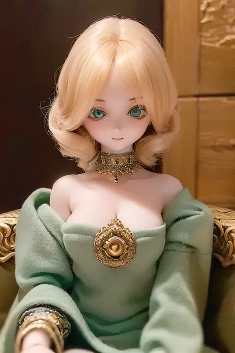 ((highest quality)), ((masterpiece)), (extremely detailed), kukolnydom, doll, (mature woman:1.8), solo, ((eye level shot)), sitting on sofa, green eyes, (looking down, blank eyes:1.3), light smile, dress, castle, 8k