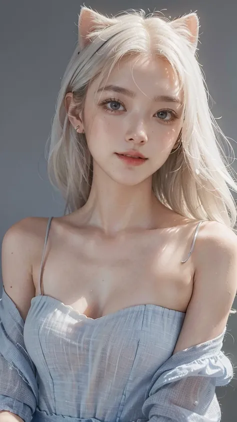 (Masterpiece: 1.2, highest quality), (real photo, intricate details), 1 Lady, Solo, Upper body, Casual, shoulder length hair, Minimal makeup, Natural fabric, Face close-up, Smile, Home, white hair, blue eyes, cat ears,