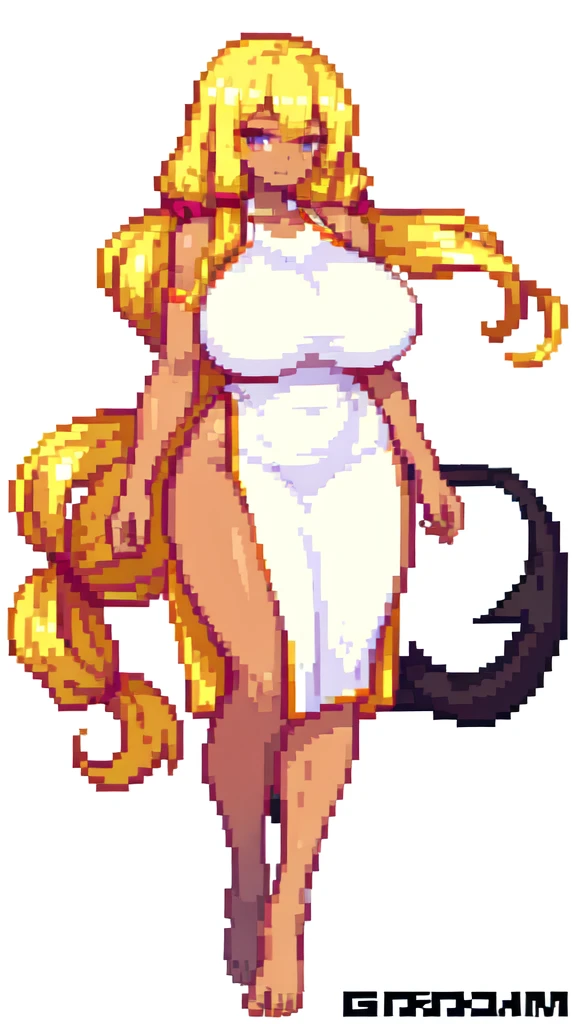 
wink,tall woman,big woman,very muscle,{{long legs}},devil,barefoot,{{muscular}},{{gigantic breasts}} ,{{curvy}} , ,masterpiece , best quality , pixel art , 1 girl ,{full body},voluptuous,brown skin,twintails,blonde hair ,white dress,white background