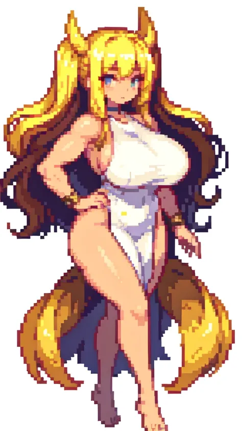 
wink,tall woman,big woman,very muscle,{{long legs}},devil,barefoot,{{muscular}},{{gigantic breasts}} ,{{curvy}} , ,masterpiece , best quality , pixel art , 1 girl ,{full body},voluptuous,brown skin,twintails,blonde hair ,white dress,white background