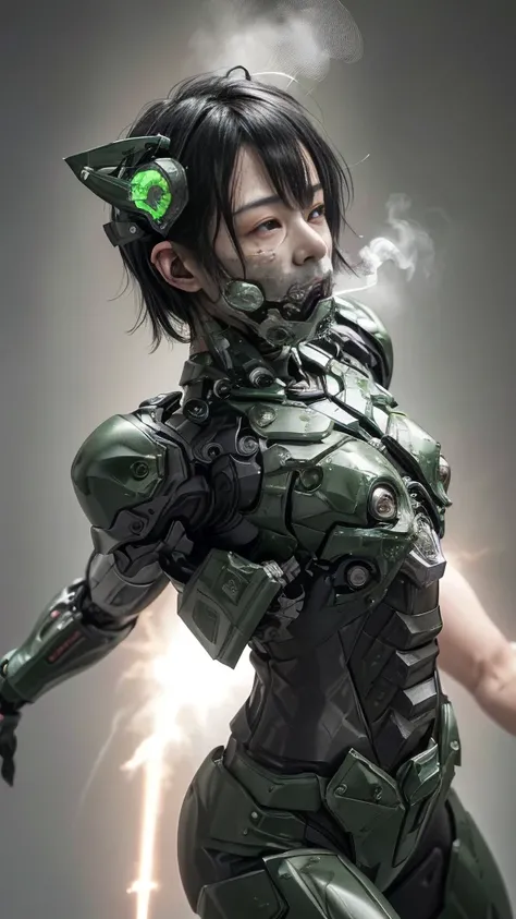 Rough skin, Very detailed, Advanced Details, high quality, 最high quality, High resolution, 1080P 、Bleeding from the wound、Sexy Eyes、Wearing green and black、cute((My whole body is sweating))(Equipped with a battle suit damaged by wounds....)(Dark green armo...