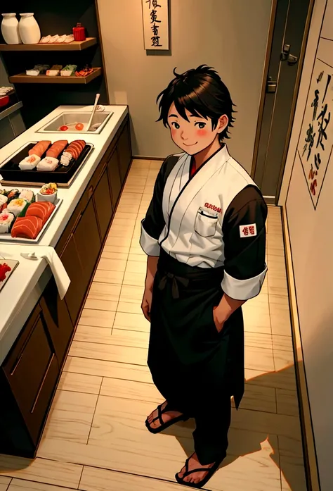 japanese sushi chef, 1 person, chef uniform, standing, top down view, male chef, miniature chef, small people, cute, professional look, adult, happy face, full body