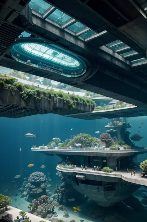 "Create an image of a futuristic underwater city, showcasing innovative architecture and sustainable living practices. Include futuristic transportation methods like underwater trains or vehicles, and show how the city integrates with the surrounding marin...