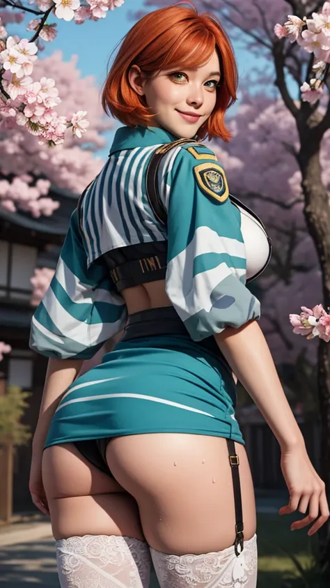 gwen tennyson,tracer,bulma,rebecca chambers,1girl,military uniform,japan, kimono,steel armor,green eyes,garter belt, thigh high boots,short hair,orange hair,moonlight,cherry blossom,shy smile,white striped top,bodycon skirt,freckles,redhead,beautiful girl,...