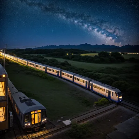 銀河鉄道のnight、on the train、Outside the window is a beautiful starry sky、night