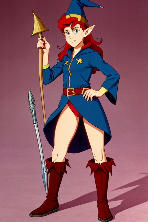 a cartoon character dressed in an underwear, red hair, young half elf wizard, a young male wizard, half-elf time wizard, granny weatherwax, 1980s cartoon, animated episode still, norman rockwel, witch academia, portrait of a young elf wizard, tiny evil alc...