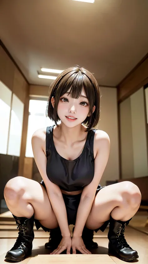 (masterpiece,Highest quality,High resolution,Realistic,photograph:1.2),(One high school girl:1.2), (((Black tank top), Camouflage Cargo Pants),(Black combat boots)),(Smiling with teeth showing and eyes narrowed:1.3),(Bobcut,Brown Hair,Natural Makeup, Eyela...