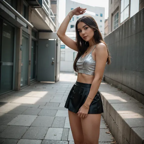 1girl in, 30 years old, Square face, Long hair, Looking at viewer, jewelry, Reality, Sexy, Short skirt outfit, fashion show backdrop , free pose