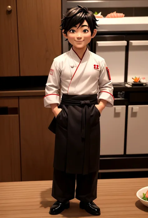 japanese sushi chef, 1 person, chef uniform, standing, top down view, male chef, miniature chef, small people, cute, professional look, adult, happy face, full body, handsome adult