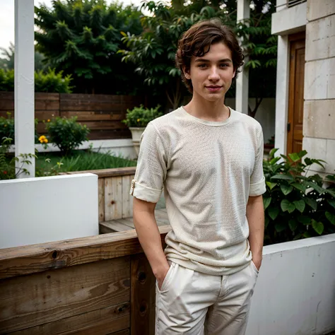 One Caucasian young man, short curly hair, full body shoot, on terrace, filmy grain, realistic, photorealistic, hyper-realistic, candid pose, slight smile, wearing casual clothes