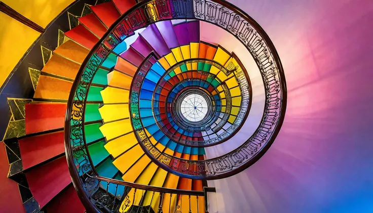 A vibrant staircase spiraling towards the heavens, each step a different hue of the rainbow, beckoning you to climb higher and higher.