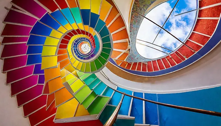 A vibrant staircase spiraling towards the heavens, each step a different hue of the rainbow, beckoning you to climb higher and higher.