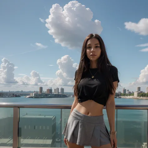 1girl in, 30 years old, Square face, Long hair, Looking at viewer, jewelry, Reality, Sexy, Short skirt outfit, sky background , free pose