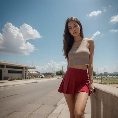 1girl in, 30 years old, Square face, Long hair, Looking at viewer, jewelry, Reality, Sexy, Short skirt outfit, sky background , free pose