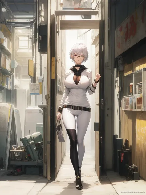 Concept art of anime character, young woman, 21 years old, white short hair, glasses, huge breasts, white fashion shirt, brown open sweater, leggings, full body, two poses, one dynamic pose,  one static pose