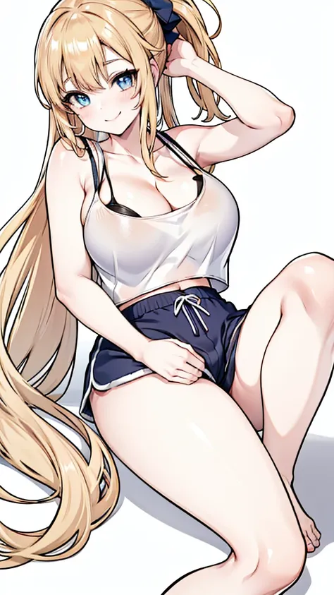 1girl, long blonde hair, blue eyes, wearing blue tank top and black dolphin shorts, no background, absurdres, high res, ultrasharp, 8K, masterpiece, long legs, large breasts, thicc thighs, thighs shown, blushing, short shorts, barefoot, perfect hands, larg...