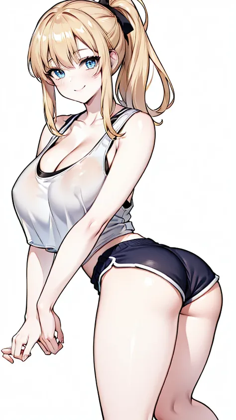 1girl, long blonde hair, blue eyes, wearing blue tank top and black dolphin shorts, no background, absurdres, high res, ultrasharp, 8K, masterpiece, long legs, large breasts, thicc thighs, thighs shown, blushing, short shorts, barefoot, perfect hands, larg...