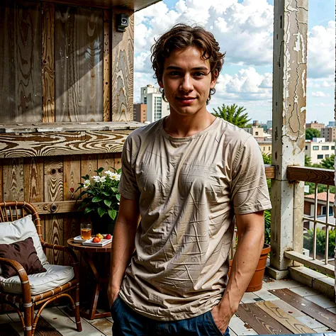 One Caucasian young man, short curly hair, full body shoot, on terrace, filmy grain, realistic, photorealistic, hyper-realistic, candid pose, slight smile, wearing casual clothes