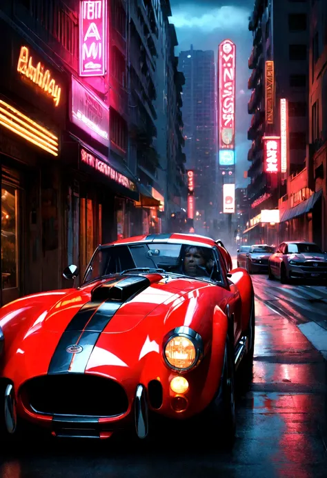 a Shelby Cobra sports car, detailed intricate car body, gleaming metallic finish, dynamic pose, night cityscape of Miami, vibrant neon lights, skyscrapers, palm trees, dramatic cloudy sky, cinematic lighting, sense of speed and danger, blood red accents, (...