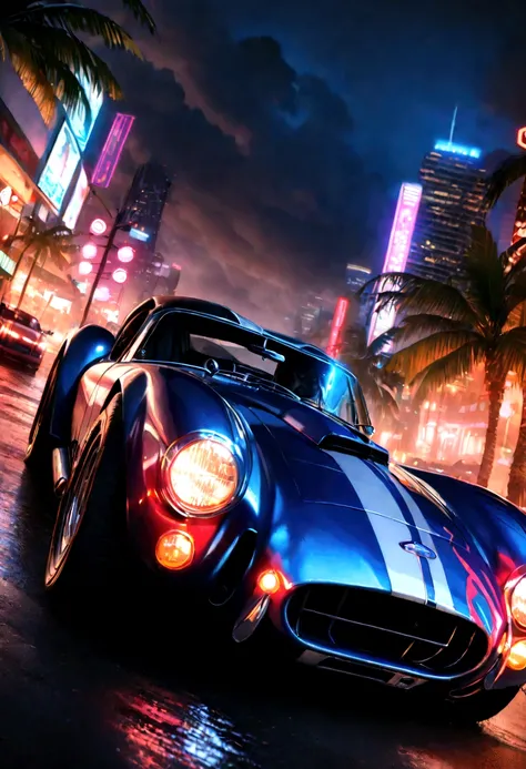 a Shelby Cobra sports car, detailed intricate car body, gleaming metallic finish, dynamic pose, night cityscape of Miami, vibrant neon lights, skyscrapers, palm trees, dramatic cloudy sky, cinematic lighting, sense of speed and danger, blood red accents, (...