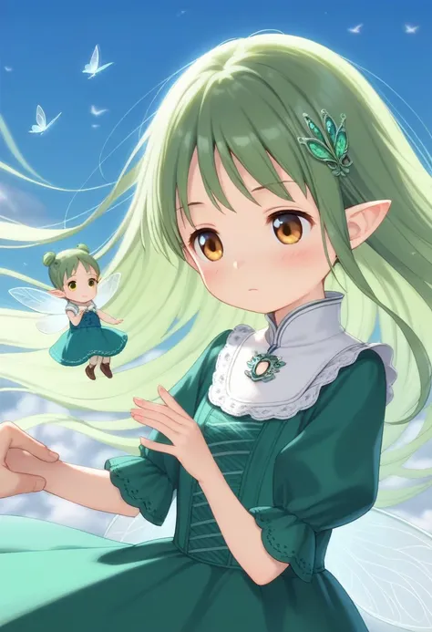 score_9, source_anime, anime_coloring, anime_screencap, the artist creates a wind spirit enveloped in storm, (Sylph, sylphid), tareme,1girl, (wind:1.3), long hair, green hair, golden eyes, pointy ears, (hair ornaments:1.2), green gloves, green long boots, ...