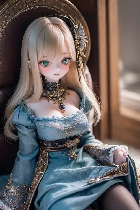 ((highest quality)), ((masterpiece)), (extremely detailed), kukolnydom, doll, (mature woman:1.8), solo, cowboy shot, sitting on sofa, green eyes, (looking down, blank eyes:1.3), light smile, dress, castle, 8k