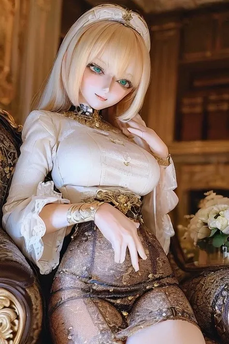 ((highest quality)), ((masterpiece)), (extremely detailed), kukolnydom, doll, (mature woman:1.8), solo, cowboy shot, sitting on sofa, green eyes, (looking down, blank eyes:1.3), light smile, dress, castle, 8k