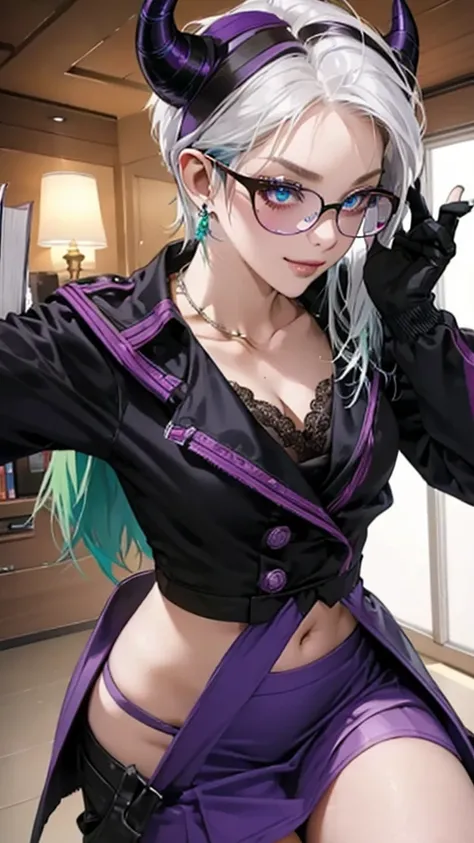 8k, masterpiece, best quality, highly detailed, 1 girl, tiefling, warlock, multicolored hair, very short straight hair green highlight hair on white hair, strippled hair, wearing glasses, round glasses, earrings, red eyeshadow, long eyelashes,navel piercin...