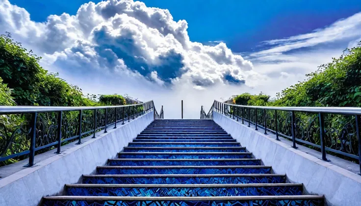 A kaleidoscope of stairs leading to the clouds, each one a unique shade and pattern, creating a mesmerizing path to the unknown.