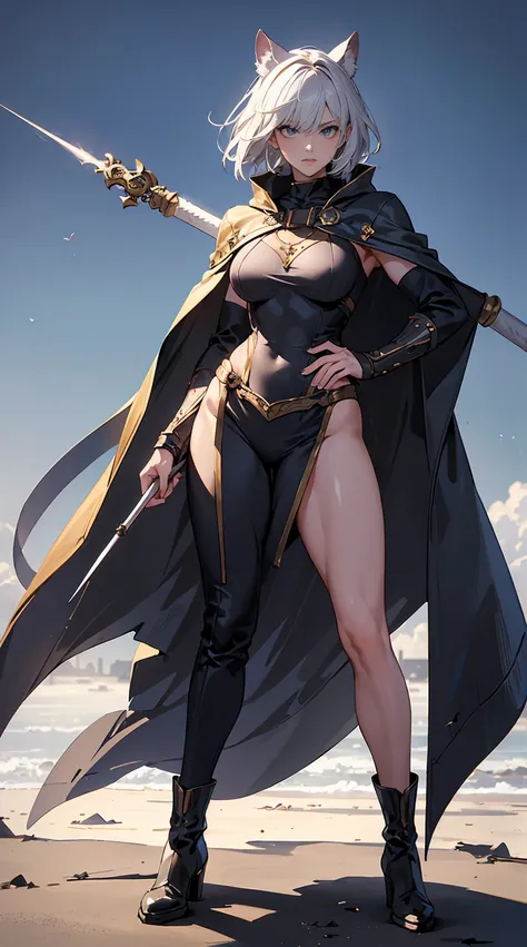 Highest quality、masterpiece、8K、Realistic、超High resolution、Very delicate and beautiful、High resolution、Fantasy、Muscle Girl、Perfect female body、Neutral women、Gray Hair、Short Hair、Toned body、Cape、Clothing with low exposure、pants、boots、cigarette、Wild Pose、Full...