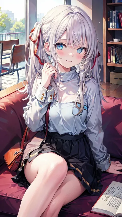 1girl, long white twintails hair, blue pupils, Wearing casual clothes, Sitting on a couch, library, smiling, {{detail illustration}}